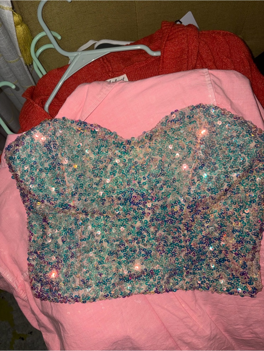 Revolution Iridescent Sequin Strapless Crop Top in Pink Teal